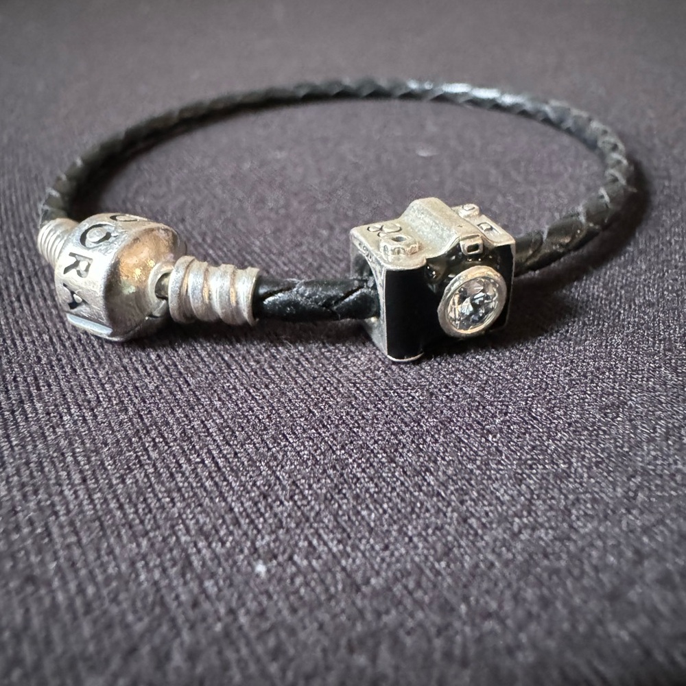 BRACELET+CHARM: Pandora Black Braided Leather Bracelet/camera charm - size: 7.5"